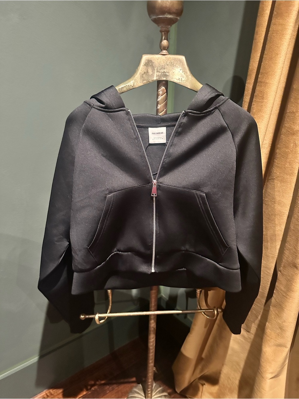 Pull&Bear Black Hooded Zip-Up Bomber Jacket